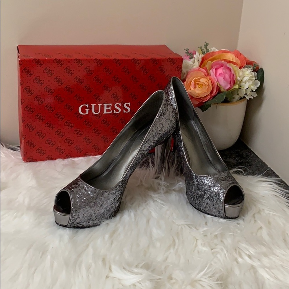 Pewter MultiTexture Glitter Platform Peep Toe Pump